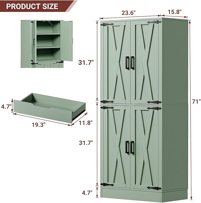 Unikito 71" Tall Kitchen Pantry Storage Cabinet with Farmhouse Barn Doors | Storage Drawer, 4 Adjustable Shelves, Freestanding Cupboard for Dining Room, Living Room, Utility Room, Green