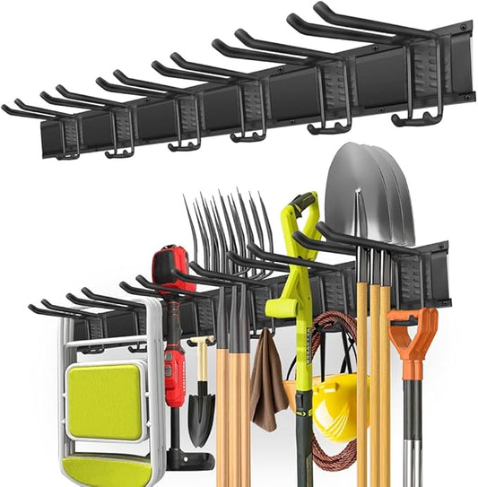 PIYILO 48 in Garage Tool Organizer Wall Mount, Adjustable Tool Storage Rack | Heavy-duty 360 LBS, Double-Layer Hooks, Wear & Tear Resistant, Soft Anti-Scratch Hook Sleeves, For Yard Tools, Shovels, Shed