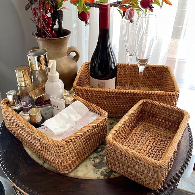 Yangqihome Natural Rattan Storage Baskets, Rectangular Woven Fruit Baskets, Decorative Wicker Basket and Small Baskets for Organizing (Set of 3)