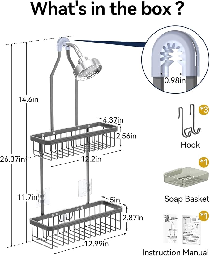 YASONIC Never Rust Shower Caddy Hanging, Aluminum Shower Racks for Inside Shower, 2-Tier Shower Organizer Hanging Over Shower Head with Hooks and Soap Holder, Grey