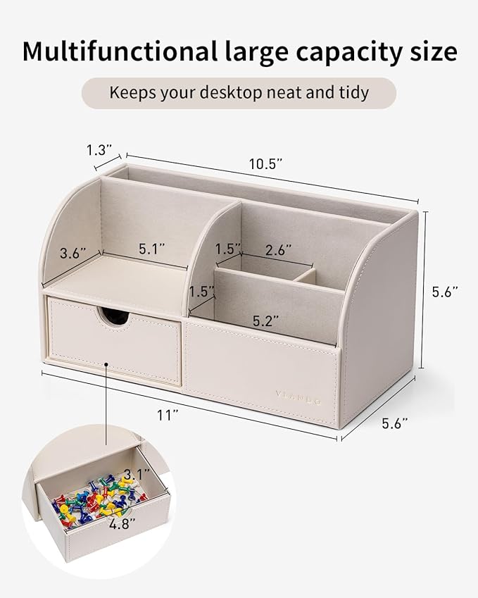 Vlando Office Desk Organizer Leather Desktop Organizer Caddy with Drawer for Storing Desktop Supplies and Accessories (White) | White leather desktop caddy with compartments and a drawer organizes pens, notes and supplies for a clean workspace