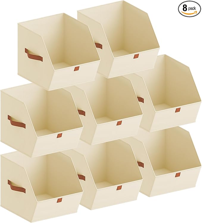 Homsorout Fabric Closet Storage Cubes - 8 Pack Square Storage Bins with Dual Handles for Clothes, Towels, Toys, Cube Storage Organizers for Bedroom, Nursery, Shelves, Closet, Small Spaces, Beige