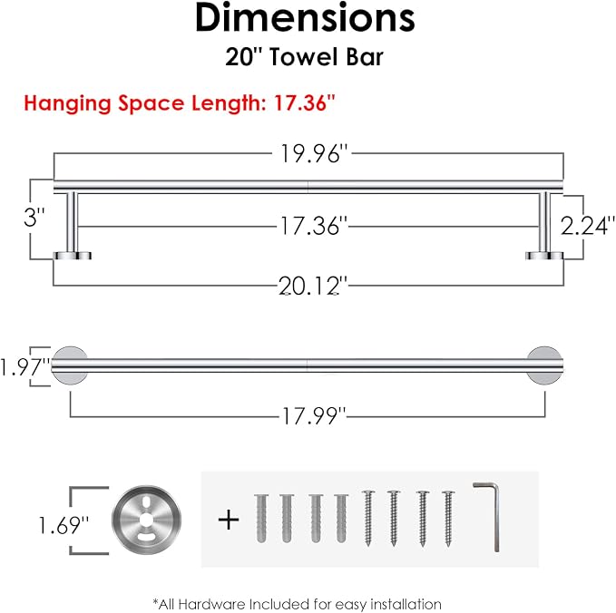 FORIOUS Towel Bar 18" Towel Racks for Bathroom Wall Mounted Chrome | Total Length 20 Inch, Rustproof, Stainless Steel Towel Holder, Wall Mounted for Bathroom Bedroom, Heavy Duty, Space Saving