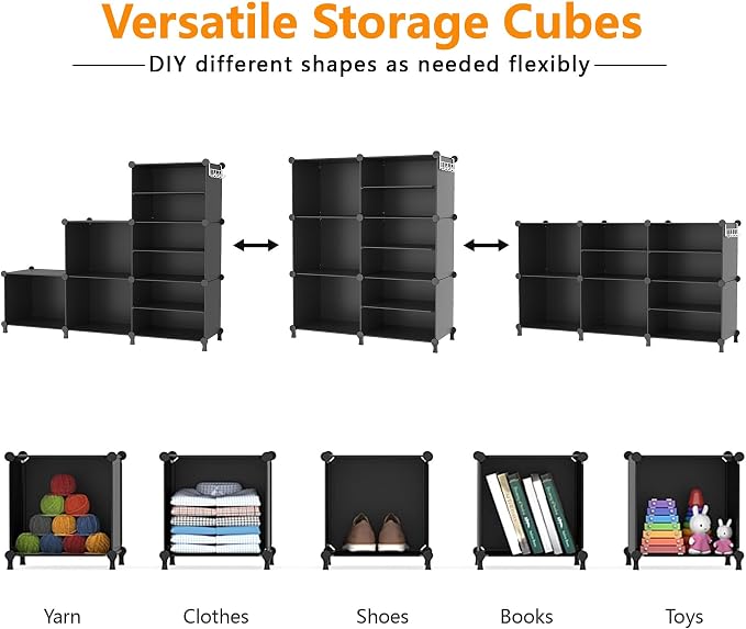 AWTATOS 6 Cube Closet Organizer Storage Shelves, Black | Portable Closet Clothes Organizers Storage Shelf DIY Stackable Cubby Shelving for Closet Bedroom Living Room Office