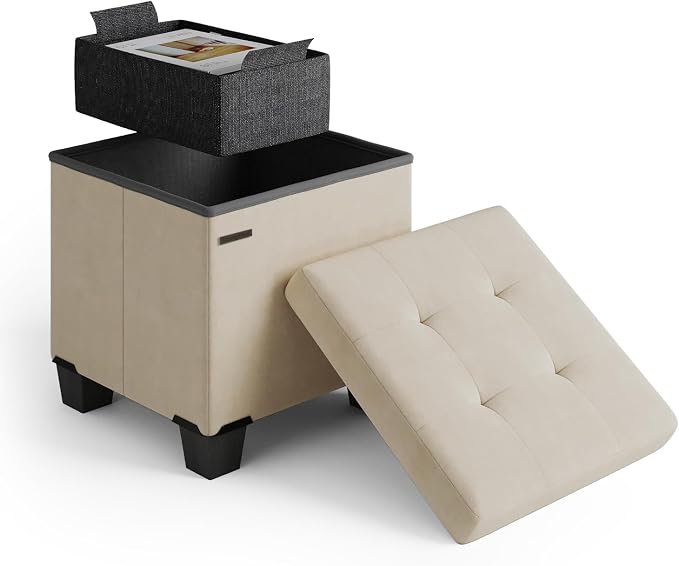 Storage Ottoman Cube with Small Bin, 15-in Square Ottoman with Storage for Living Room and Bedroom, Small Ottomans Foot Rest, Velvet Foot Stools Ottomans Max 330lbs, Beige