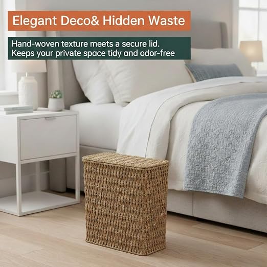 Coeusy 3 Gallon Paper Rope Bathroom Trash Can,Small Wicker Trash Cans with Lid and Liner,Woven Rattan Narrow Waste Basket for Bedroom,Office,Natural