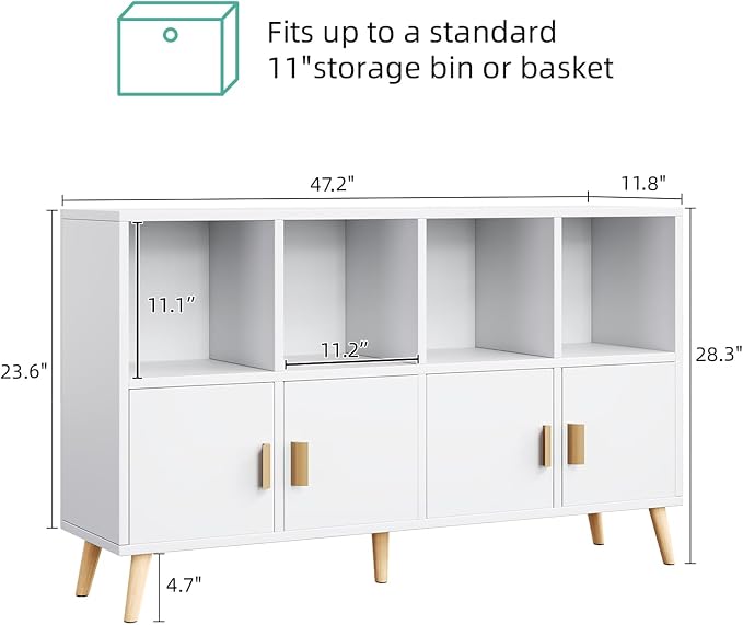 8-Cube Storage Organizer with Doors & 5 Solid Wood Legs, Mid-Century Modern Bookshelf with Seamless Top, Horizontal Cubby Toy Storage for Kids, Sideboard Media Console fits 11" Bins, White
