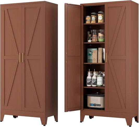 Farmhouse Pantry Cabinet with Barn Doors, 71" H x 31.5" W, 5-Tier Metal Storage Cabinet with 4 Adjustable Shelves for Kitchen Garage Dining Room,Brown 1 Pack