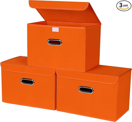 STOREONE Fabric Storage Cube Bins Foldable Organizer Container Collapsible Basket with Lids and Metal Handles, for Home, Bedroom, Closet 3 Pcs (Orange)