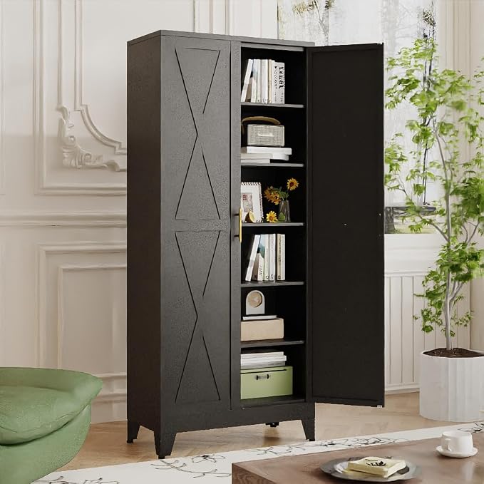 75.2" Tall Metal Kitchen Pantry Storage Cabinet, Freestanding Cupboard with 2 Doors and 5 Adjustable Shelves, Standing Storage for Kitchen, Bathroom, Garage, Dinning Room or Utility Room（Black）