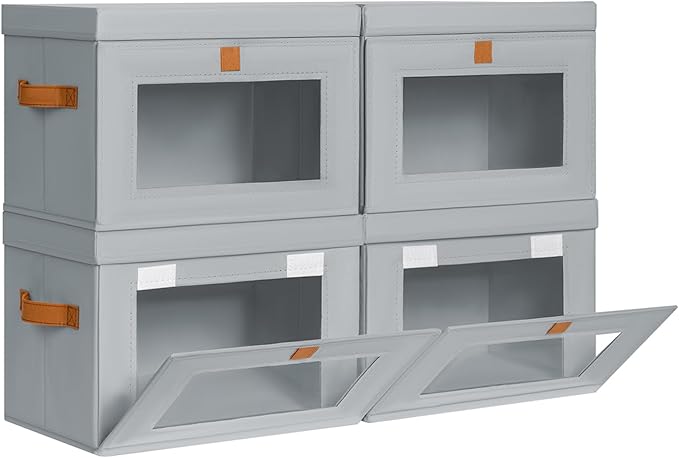 DIMJ Storage Bins with Lids - 4 Pack Front Opening Stackable Fabric Storage Boxes with Clear Window & Handles, Collapsible Closet Organizers for Clothes, Sweaters, Shelf Storage, Bedroom, Gray