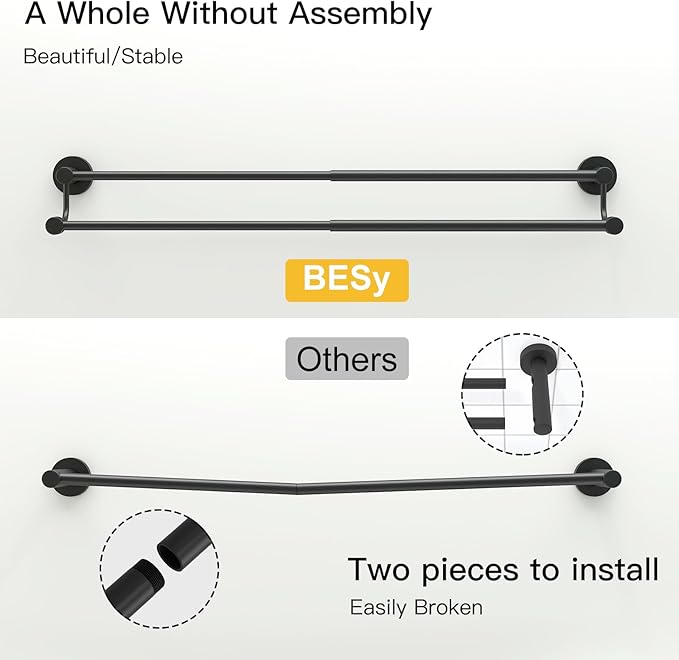 BESy Double Towel Bar Towel Rack for Bathroom Bath Wall Mounted Matte Black | Adjustable 16-26 In,Wall Mounted Towel Holder, Stainless Steel, Rustproof, Towel Bar Rod Hanger Hardware Accessories Hotel