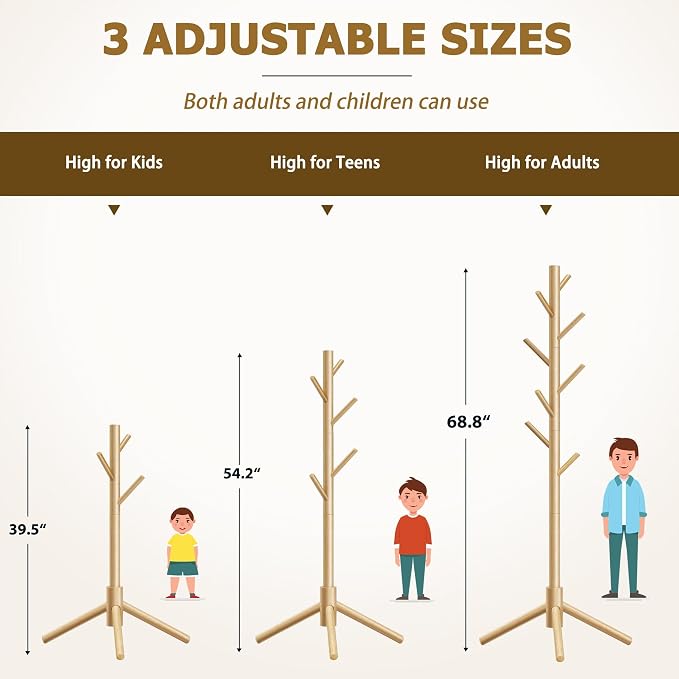 8-Hook Freestanding Coat Rack 3 Adjustable Heights Nature 2PCS | Easy Tool-Free Setup,Ideal for Entryway Bedroom Hallway Office,Holds Clothes Hats Handbags,Space-Saving Vertical Design