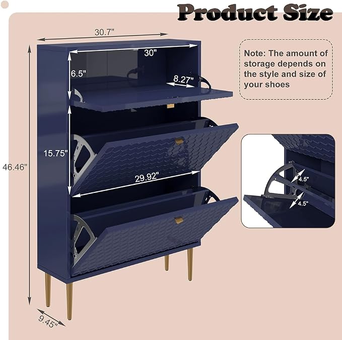 Boyel Living 3 Flip Drawers Free Standing Shoe Racks,Modern Shoes Cabinet with Brass Knobs and Legs, 24 Pair for Entryway (Blue