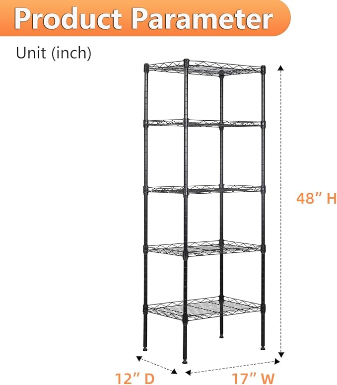 BestOffice | 5-Tier Wire Shelf | 17" x 12" x 48" | Black | Storage Shelves with Adjustable Racks, Holds upto 750 lbs | Rust-Resistant, No-Tool Assembly | For Home, Garage