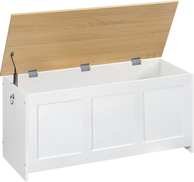 HOOBRO Storage Bench, 39.3" Retro Wooden Storage Chest, Wooden Storage Trunk, Toy Chest with Lift Top, Multifunctional Entryway Organizer, for Entryway, Living Room, White and Natural WN141CW01G1