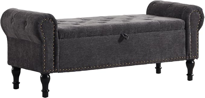 51" Storage Bench for Bedroom, Chenille End of Bed Bench, Queen Size Bench with Rolled Arms, Tufted Storage Ottoman Benches, Upholstered Bench for Bedroom, Living Room, Entryway, Dark Grey