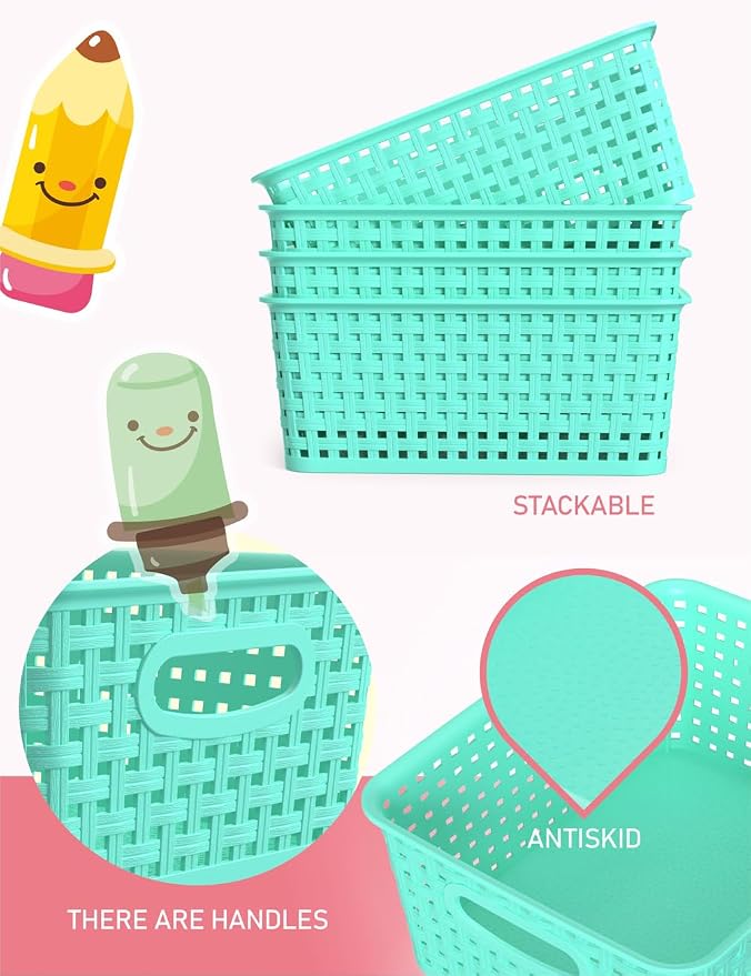 WYT 6-Pack Plastic Small Shelf Storage Weave Baskets Organizing for Cabinets and Pantries, Sky Blue