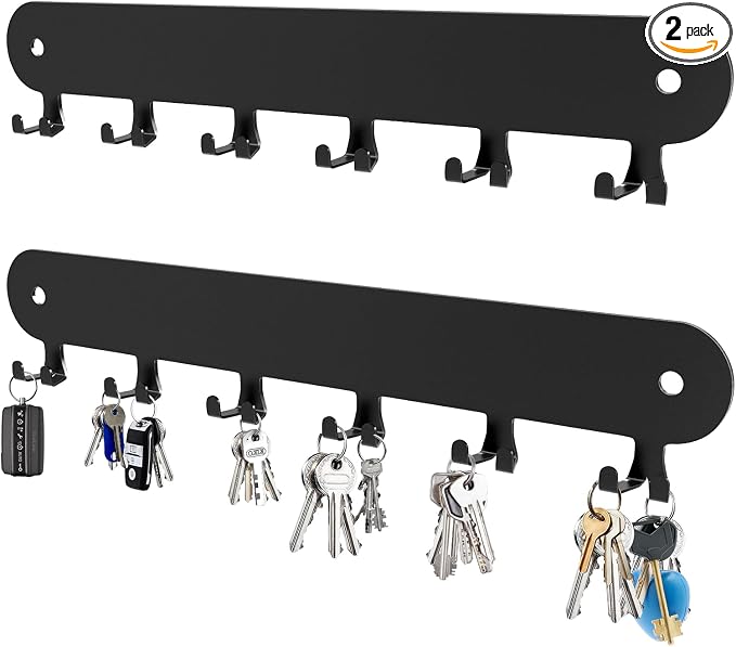 2 Pack Key Holder for Wall, Key Hooks, Key Holder Wall Mount Self Adhesive | Key Rack Wall Mount for Wall No Drill for Living Room, Kitchen, Bathroom, Garage (Black, 12 Hooks)