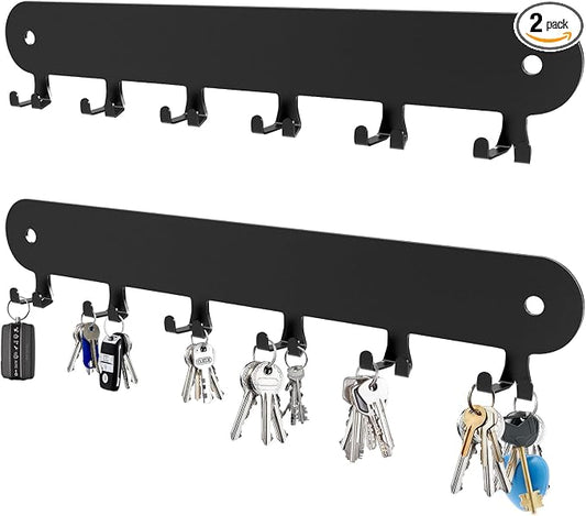 2 Pack Key Holder for Wall, Key Hooks, Key Holder Wall Mount Self Adhesive | Key Rack Wall Mount for Wall No Drill for Living Room, Kitchen, Bathroom, Garage (Black, 12 Hooks)