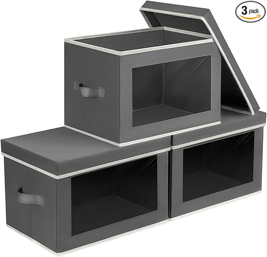 Homsorout Storage Bins with Lids - Small Fabric Organizers with Window, Collapsible Storage Bins for Clothes, Decorative Closet Organizers for Towels, Tshirt, 3 Pack, Dark Grey
