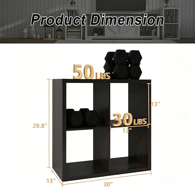 4 Cube Storage Organizer Shelf, Chocolate Color, 13in | 2026 Wooden Thick Frame, Anti-Tipping Kits, Reversible Open Back Bookcase