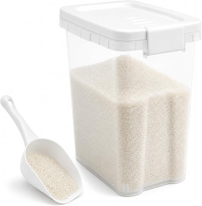 Rice Storage Container 10-15 Lbs, Airtight Flour Dry Food Bin with Scoop | Tight-Lock, Food-Grade Plastic Food Storage Container Dispenser for Cereal, Sugar, Kitchen, Pantry Organizers and Storage