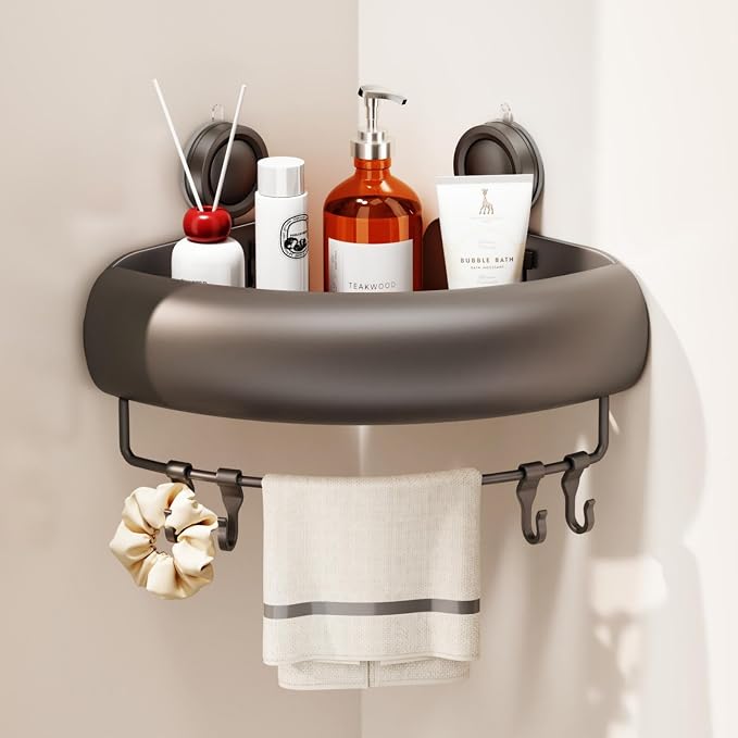 CICUFY Shower Caddy Suction Cup, 1 Pack No Drilling Corner Shower Shelves, Rust Proof Bathroom Storage Organizer, Shower Corner Caddy with Removable Hooks and Towel Bar, Triangle, Grey