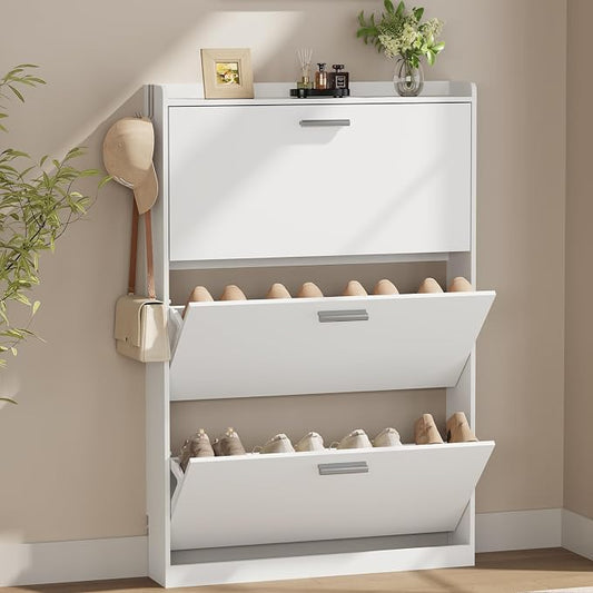 Shoe Cabinet Organizer with 3 Flip Drawers,Narrow Shoe Rack 31.5" W White | Freestanding shoe storage cabinet for entryway,foyer and hallway,space-saving flip drawers,Adjustable Shelves & 2 Hooks