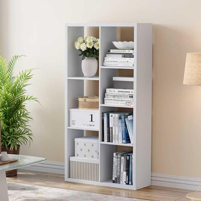 VDNEND Cube Storage Organizer Bookcase, Decorative 11 inch Open Back Cubical Shelf with Thickened Border, Display Bookshelf for Living Room, Home Office, Sturdy Room (White, 7 Cube,Standard)