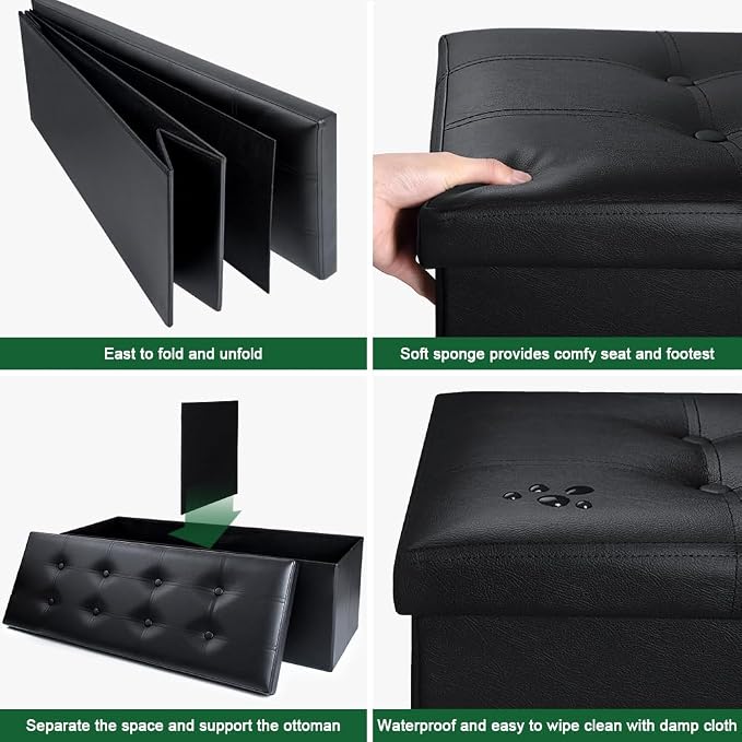 Camabel 43 Inch Folding Storage Ottoman Bench 125L Hold up 700lbs Ottoman with Storage Chest Foam Seat Padded Foot Rest Stool Faux Leather Bedroom Bench with Storage Coffee Table Black