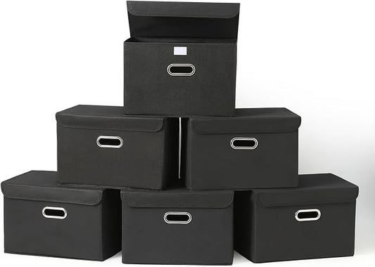 Fabric Foldable Collapsible Storage Cube Bin Organizer Basket with Lid, Handles, Removable Divider for Home, Closet (Black, 6Pcs)