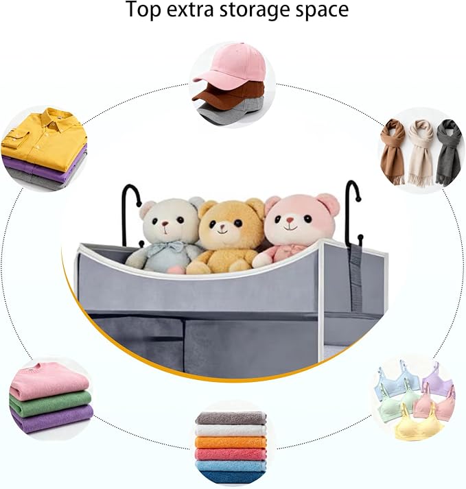 4-Shelf Hanging Closet Organizer and Storage with 4 Side Pockets, Collapsible Closet Hanging Shelves for Storage, Grey