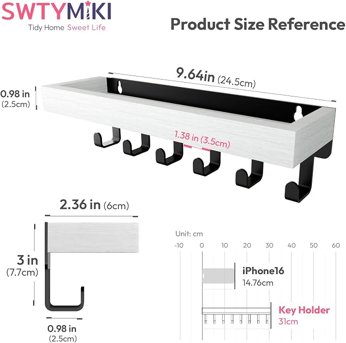 SWTYMIKI Key Holder Wall Mount - Wooden Key Hooks for Wall with Mail Organizer & 6 Hooks, 2 Installation Ways Key Hanger, Key Rack with Shelf for Entryway Living Room Bedroom Office Home Decor White