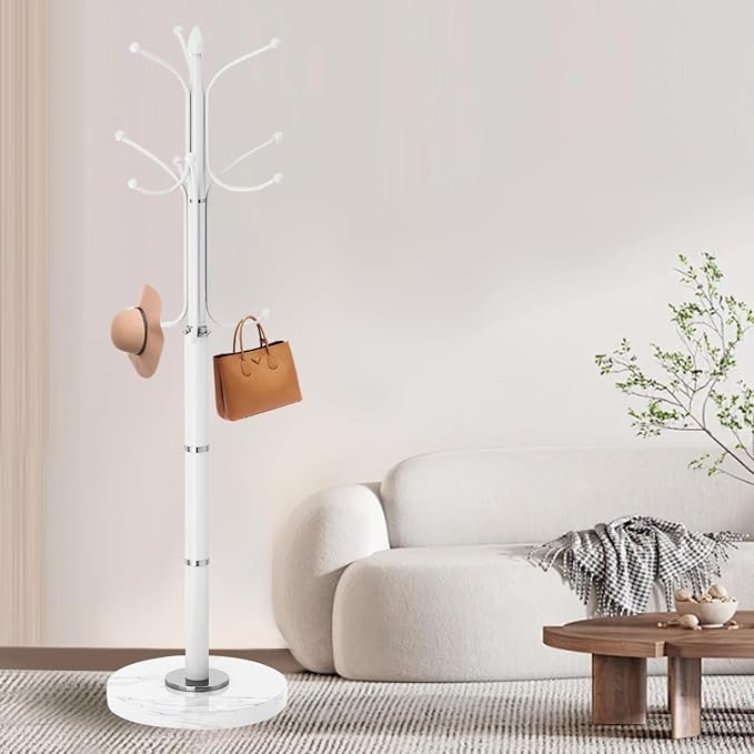 Coat Rack Stand,White Metal Coat Rack Freestanding with 12 Hooks | Modern Coat Rack with Natural Marble Base,Heavy Duty Coat Hanger Stand, Coat Hall Clothes Tree Stand for Office,Bebroom