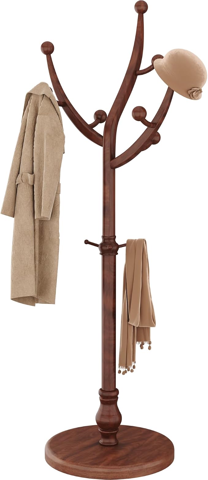 HOMEFORT Coat Rack Freestanding, Wooden Coat Tree Rack with 11 Hooks, Heavy Duty Wood Clothes Hanger with Sturdy Round Base, Vintage Coat Hat Stand for Entryway, Hallway, Bedroom,Walnut