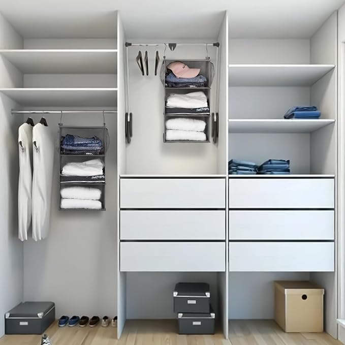 MAX Houser 3 Tier Shelf Hanging Closet Organizer, Closet Hanging Shelf with 2 Sturdy Hooks for Storage, 2 Pack, Foldable (Grey)