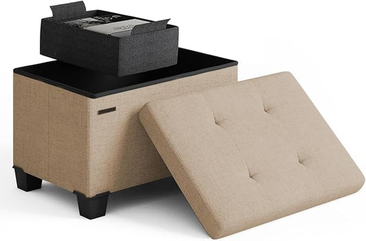 Storage Ottoman Cube with Small Bin, 16-in Square Ottoman with Storage for Living Room and Bedroom, Small Ottomans Foot Rest, Fabric Foot Stools Ottomans Max 330lbs, Taupe