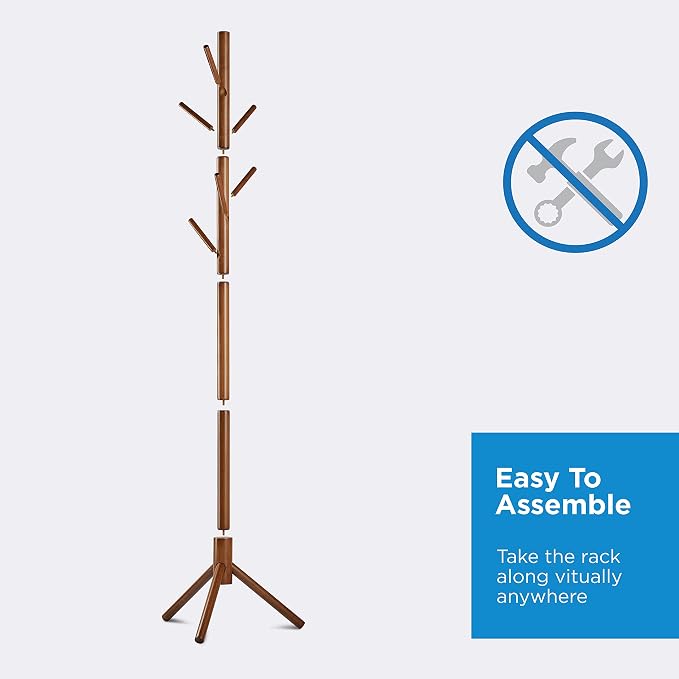 Wooden Tree Coat Rack Stand, 6 Hooks - 3 Adjustable Sizes Free Standing Coat Rack, Hallway/Entryway Coat Hanger Stand for Clothes, Suits, Accessories