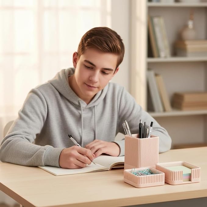 Aesthetic Desk Organizers and Accessories Set of 3 with Pen Holder,Paperclip Holder,Sticky Note Holder - Durable Plastic Pencil Holder for Office Women Men-Teacher Appreciation/Back-to-school Gift