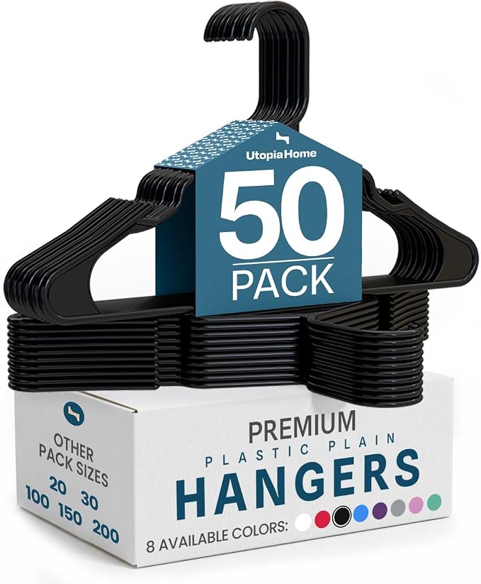 Utopia Home Plastic Hangers 50 Pack – Space Saving Clothes Hanger Black | Durable & strong | Closet organizer & storage | Ideal for apartments, dorms & stocking stuffers