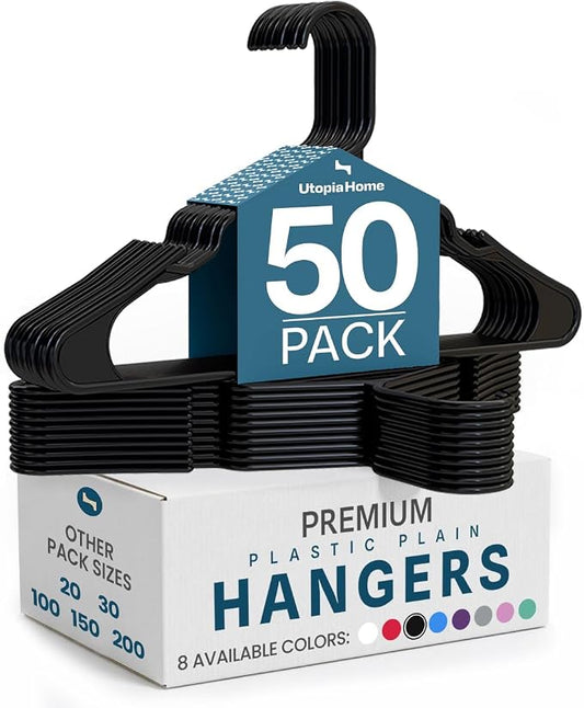 Utopia Home Plastic Hangers 50 Pack – Space Saving Clothes Hanger Black | Durable & strong | Closet organizer & storage | Ideal for apartments, dorms & stocking stuffers