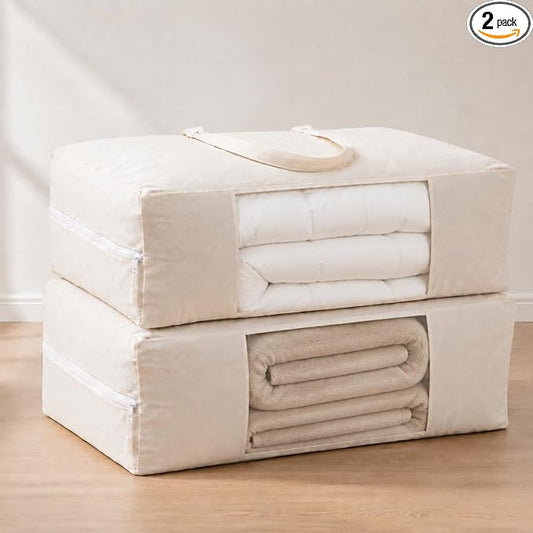 2 Pack Canvas Storage Bags for King/Queen Comforters Blanket, 25"x19"x9" | Fine Mesh Window & Handles, Cotton Blend Canvas, Breathable, Dustproof, Mothproof, for Duvet Sheets Bedding Pillows Clothes