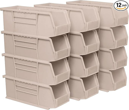 Akro-Mils 30224 AkroBins Plastic Storage Bins, 11"x 4"x 4", Stone, 12-Pack | Space-Saving Stackable Bins for Garage, Pantry, Craft Organization