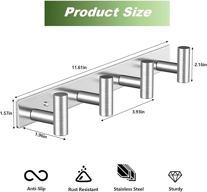 Wall Mounted Coat Rack-4 Hooks, Heavy Duty Stainless Steel Wall Hooks for Towel Coat Bag, Hat Rack Coat Hanger Coat Hooks Towel Racks for Bathroom Entryway Kitchen Hotel (Silvery, 1 Pack)