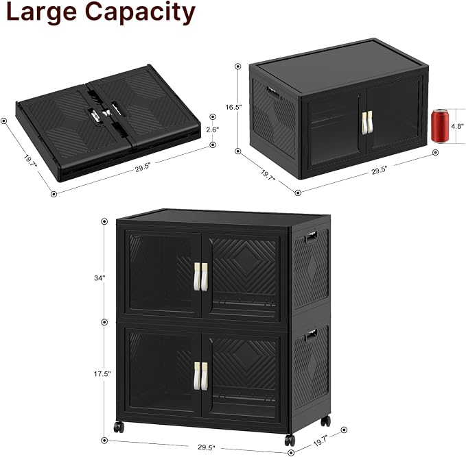 Stackable Storage Bins with Lids, 360QT Extra Large Storage Cabinet | Clear Doors, Foldable Storage Drawers, Heavy Duty, Collapsible Closet Organizers for Bedroom Office (2, Black, 180, Quarts)