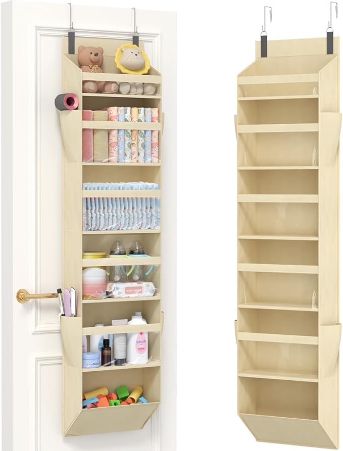 Lifewit 1 Pack Over the Door Organizer, 6 Section Clear Window Hanging Storage with 4 Side Pockets, Sturdy Anti Tilt 40 lbs Load Behind Door for Closet, Bedroom, Bathroom, Nursery, Dorm, Beige