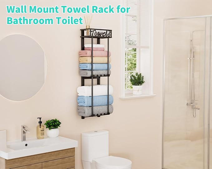 HapiRm Towel Rack Bathroom Storage - 3 Tier Over The Door & Wall Mounted Rolled Towel Racks Holder Organizer with Metal Shelf and 6 Hooks for Small Bathroom, Camper, Rv - Black (for 1.77 in Doors)