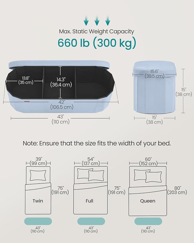 SONGMICS MINOTA Collection - Folding Ottoman with Storage, Oval Storage Ottoman Bench, for Living Room, Bedroom, Velvet Fabric, 15 x 43.3 x 15 Inches, Baby Blue ULSF297QQ01