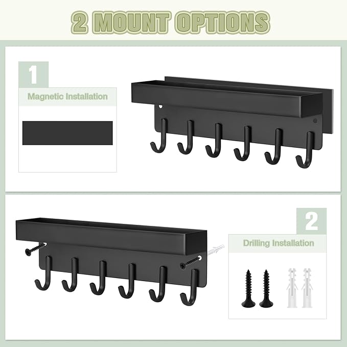 VIS'V Key Holder Wall Mount, Magnetic Key Rack with Tray, 6 Hooks, Black | 2 Mount Options, Metal Material, Compact Discreet Design, for Fridge, Kitchen, Entryway, Hallway, Doorway, Garage, Camper